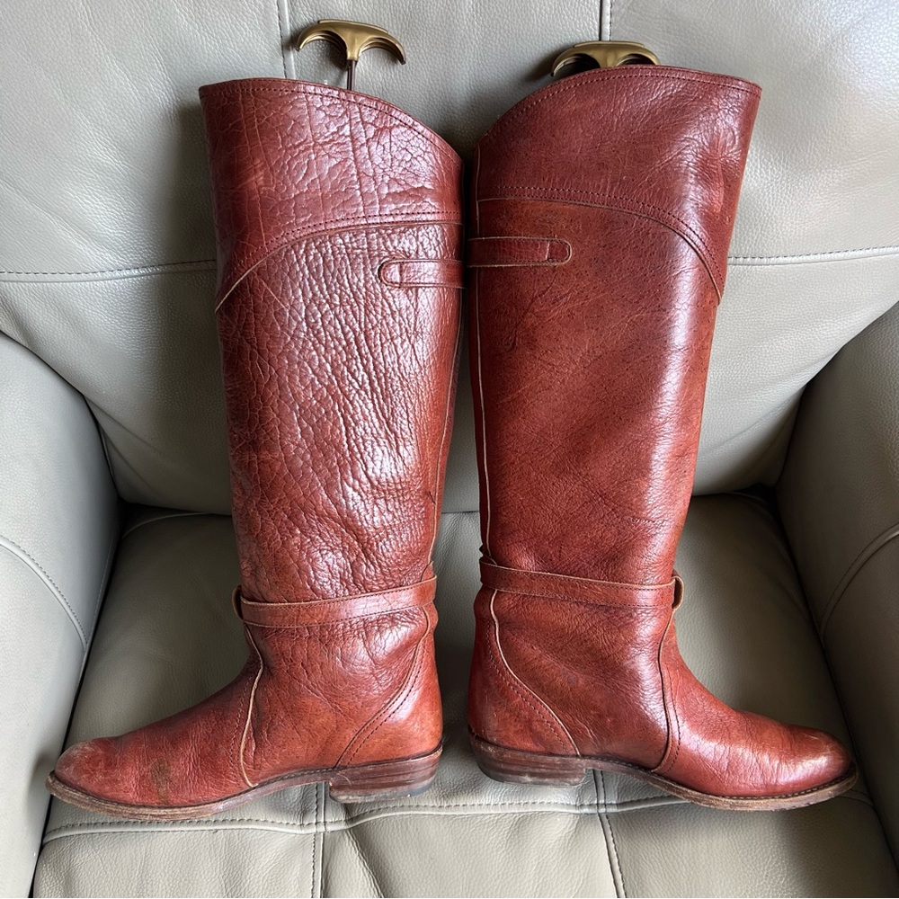 Vintage Frye Riding Boots Sz 7 M Dorado Knee High Redwood Pull On 77563 Spain - Picture 10 of 14